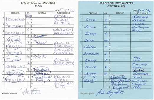 1992 Home & Visitors Signed Line Up Cards from Cleveland Indians at Texas Rangers on May 7, 1992 - Kenny Lofton 1st Career MLB Home Run (JSA) 